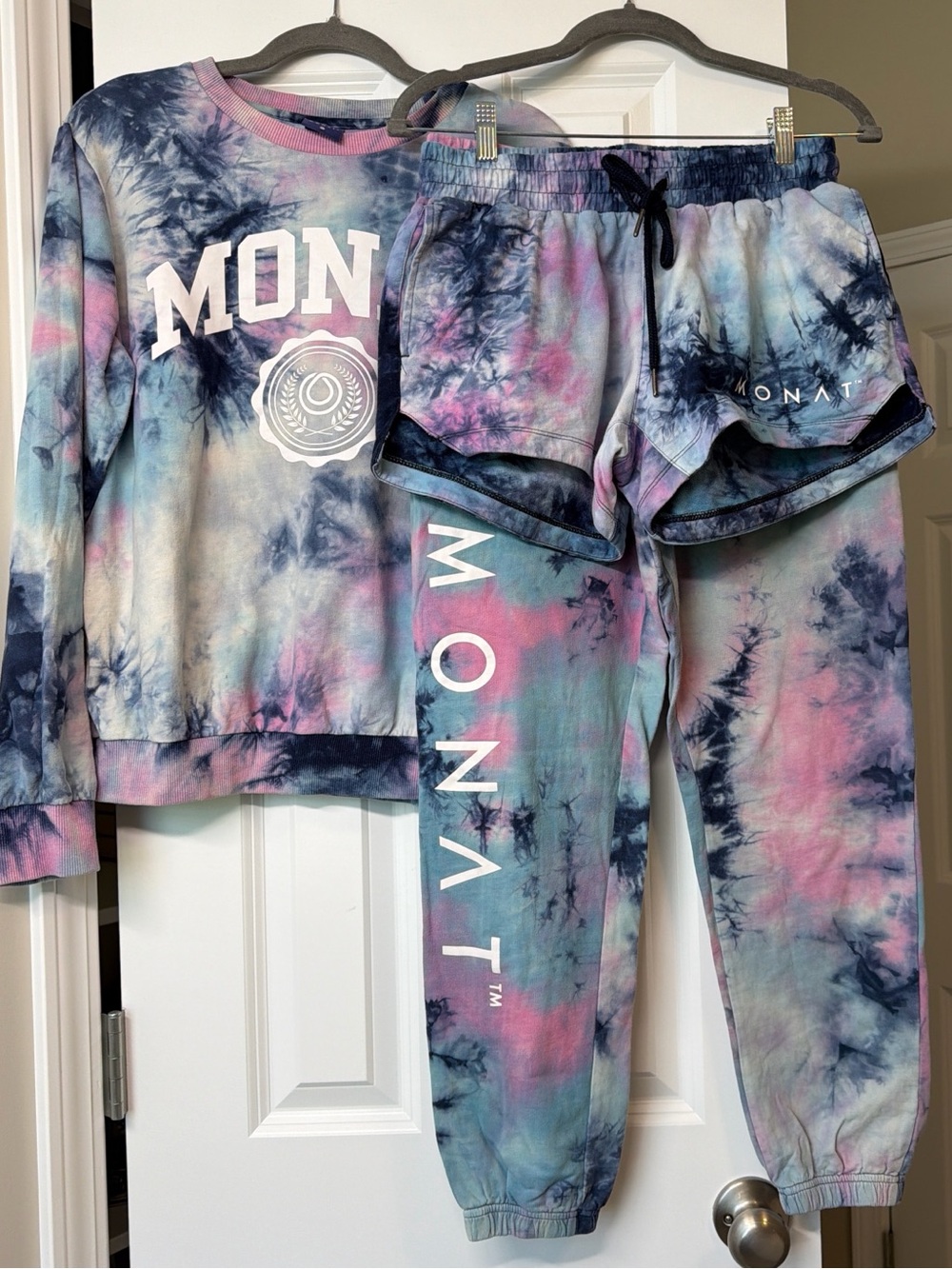 MONAT Women's Tie-Dye Sweater, Shorts, & Sweats Set - Pastel Pink Blue Lavender